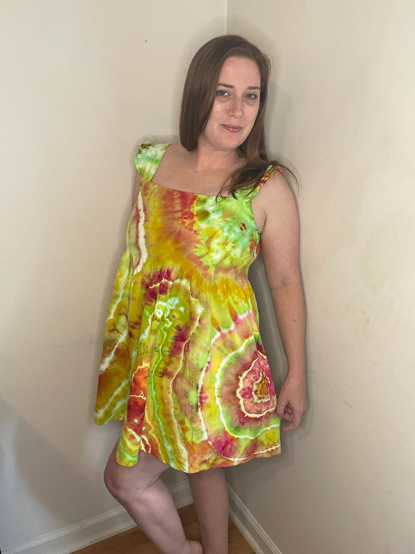 Upcycled Tie Dye Dress: Hand-Dyed Cotton, Size 8