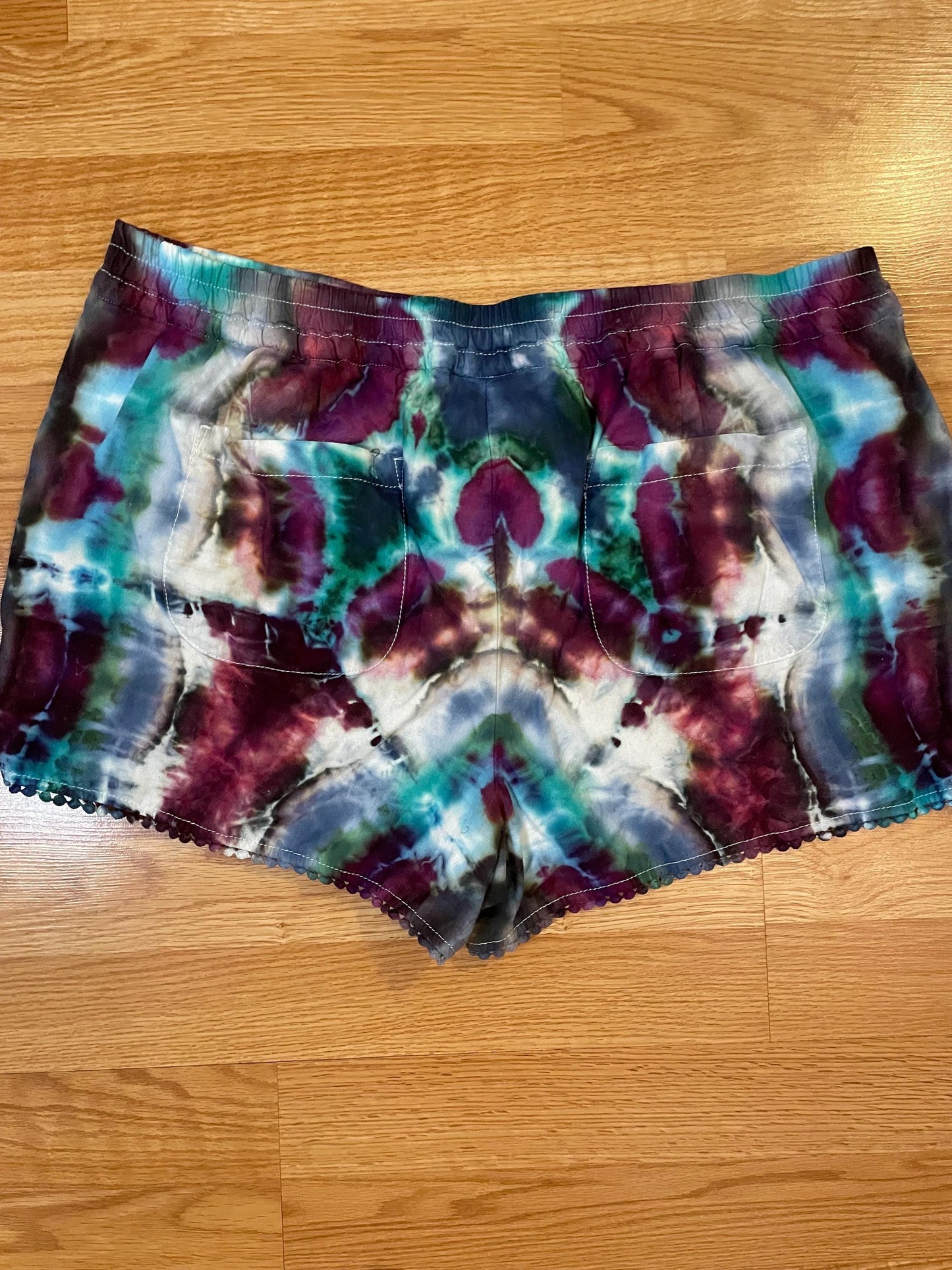Upcycled Tie Dye Women’s Shorts: Hand Dyed Cotton, Size Large