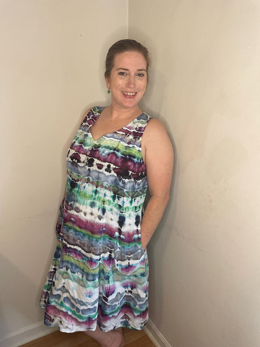 Upcycled Mosaic USA Tie Dye Dress Size M 100% Linen | Hand-Dyed One of a Kind