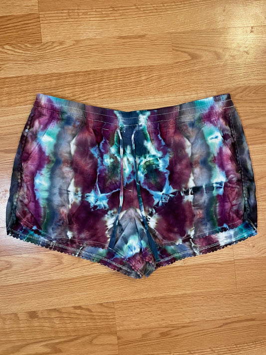 Upcycled Tie Dye Women’s Shorts: Hand Dyed Cotton, Size Large