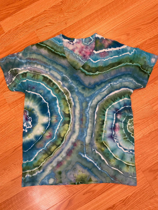 Geode Tie Dye V-Neck Fruit of the Loom T-Shirt Size Large Unisex, Hand Dyed, One Of A Kind